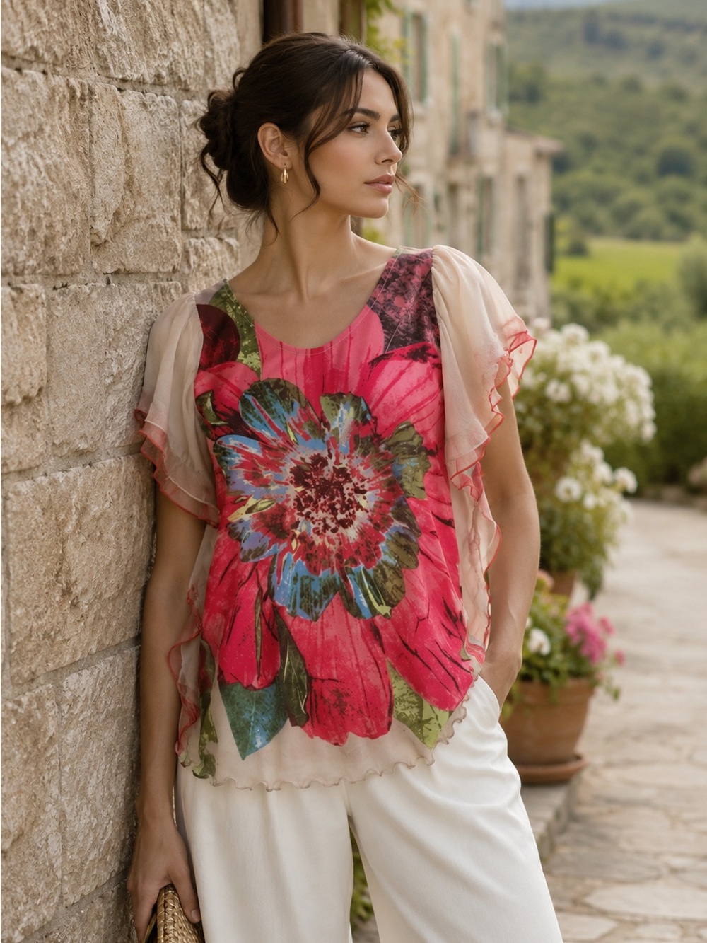 Flower Print Top with Draped Ruffle Sleeves